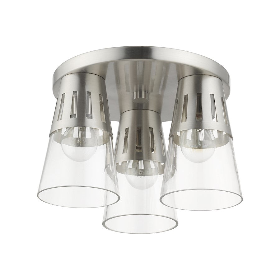 Livex Bennington 3 Light Flush Mount, Nickel/Clear