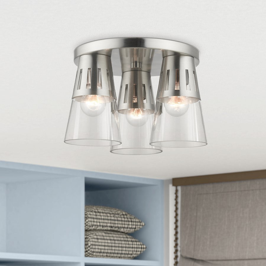 Livex Bennington 3 Light Flush Mount, Nickel/Clear