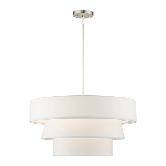 Livex Warrenville 4 Lt Pendant Chandelier, Nickel/White Fabric Inside