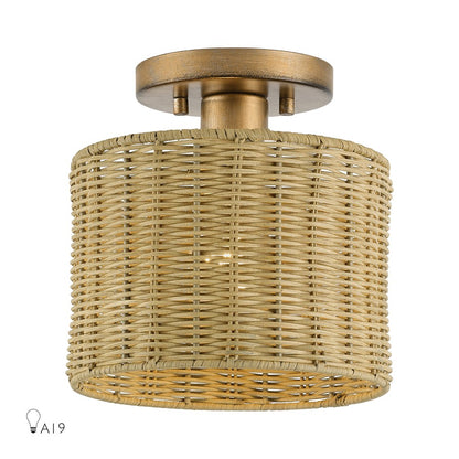 Livex Weavington 1Lt Small Semi-Flush, Gold/Hand-Woven Rustic Walnut - 60045-48