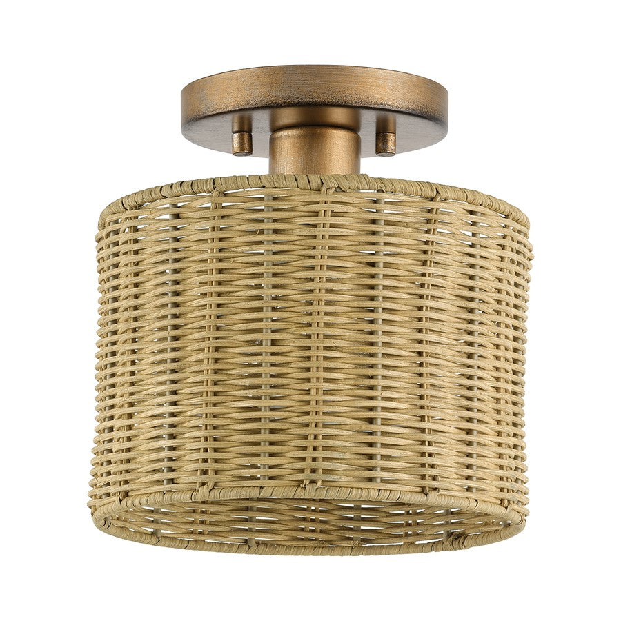 Livex Weavington 1Lt Small Semi-Flush, Gold/Hand-Woven Rustic Walnut