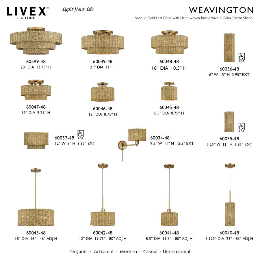 Livex Weavington 1Lt Small Semi-Flush, Gold/Hand-Woven Rustic Walnut
