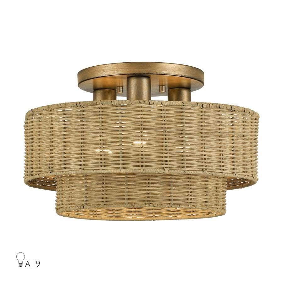 Livex Weavington 3Lt 15" Dia Semi-Flush, Gold/Rustic Walnut - 60047-48