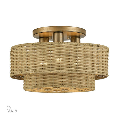 Livex Weavington 3Lt 15" Dia Semi-Flush, Gold/Rustic Walnut - 60047-48
