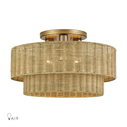 Livex Weavington 3Lt 18" Dia Semi-Flush, Gold/Rustic Walnut - 60048-48
