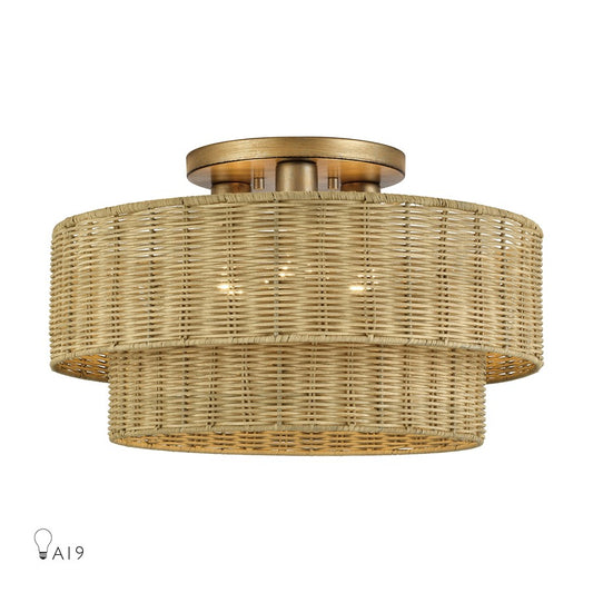 Livex Weavington 3Lt 18" Dia Semi-Flush, Gold/Rustic Walnut - 60048-48