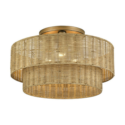 Livex Weavington 3Lt 18" Dia Semi-Flush, Gold/Rustic Walnut