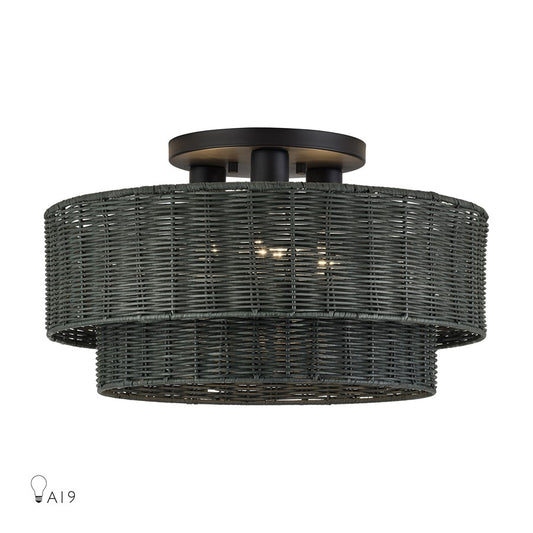 Livex Weavington 3Lt 18" Dia Semi-Flush, Black/Charred Gray - 60110-04