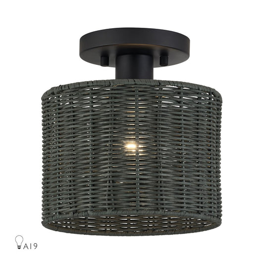 Livex Weavington 1Lt Small Semi-Flush, Black/Hand-Woven Charred Gray - 60116-04