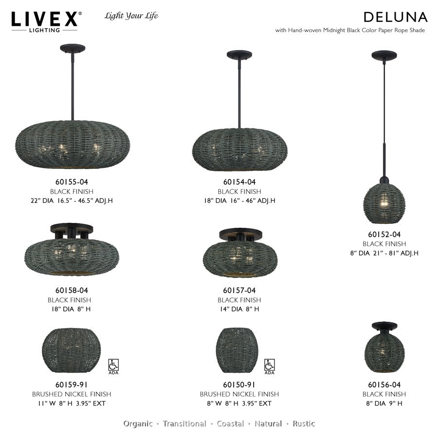 Livex Deluna 3Lt 14" Dia Semi-Flush, Black/Hand-Woven Black