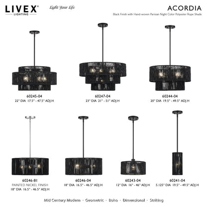 Livex Acordia 1Lt Pendant, Black/Parisian Night Color Polyester Rope