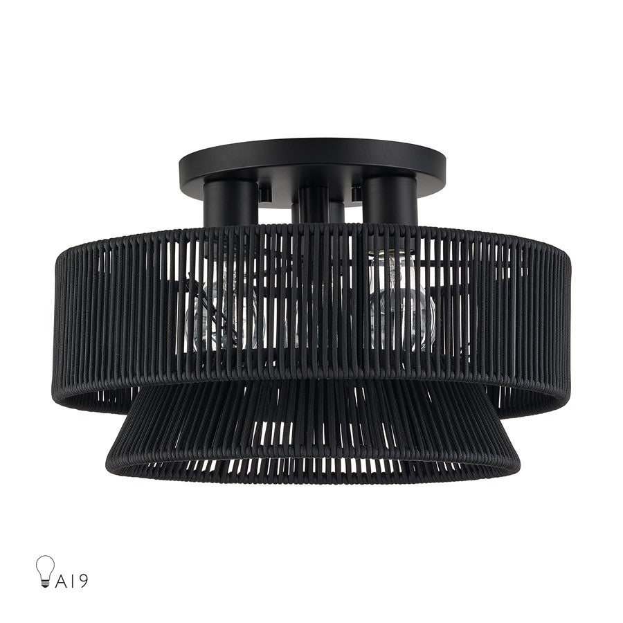 Livex Florell 3Lt 15" Dia Semi-Flush, Black/Parisian Polyester - 60252-04