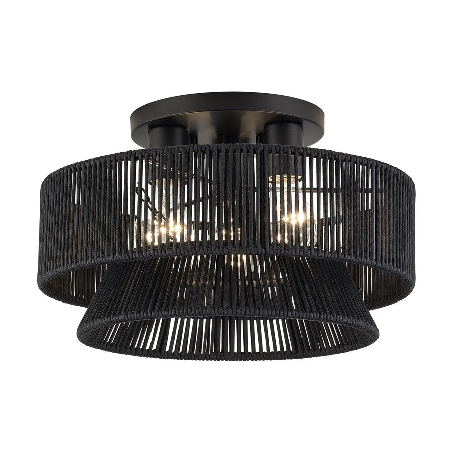 Livex Florell 3Lt 15" Dia Semi-Flush, Black/Parisian Polyester