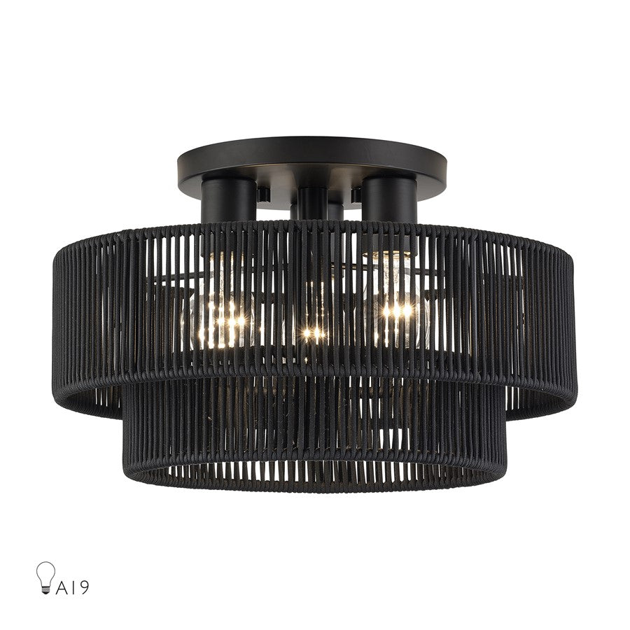 Livex Acordia 3Lt 15" Dia Semi-Flush, Black/Parisian Polyester - 60266-04