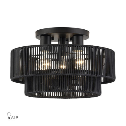 Livex Acordia 3Lt 15" Dia Semi-Flush, Black/Parisian Polyester - 60266-04