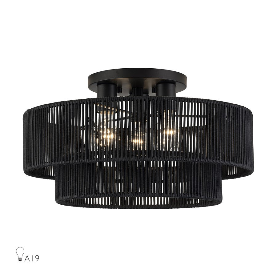 Livex Acordia 3Lt 18" Dia Semi-Flush, Black/Parisian Polyester - 60267-04