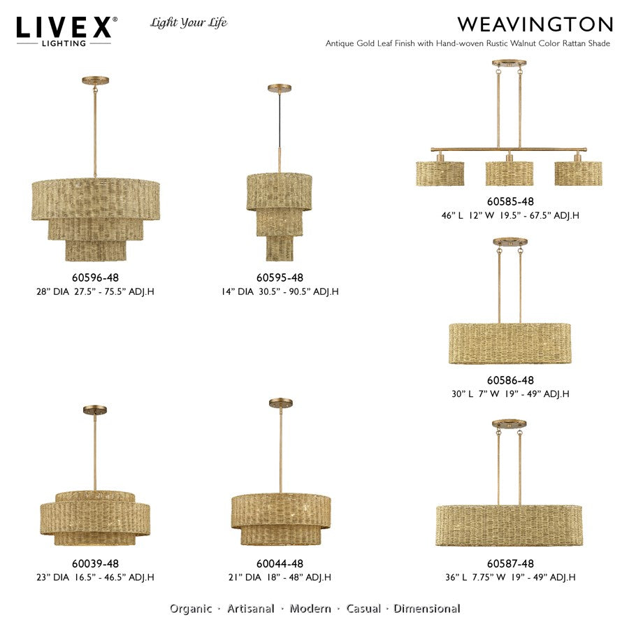 Livex Weavington 3Lt Medium Linear Chandelier, Gold/Rustic Walnut
