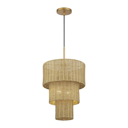 Livex Weavington 2Lt Pendant, Gold/Hand-Woven Rustic Walnut