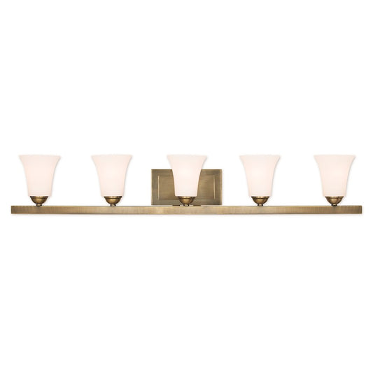 Livex Ridgedale 5 Light Bath Vanity, Antique Brass/Opal Glass