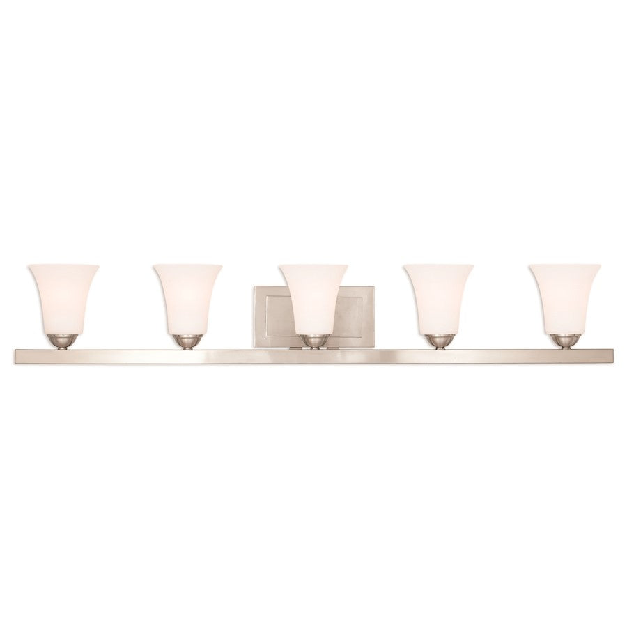 Livex Ridgedale 5 Light Bath Vanity, Nickel/Satin Opal White Glass