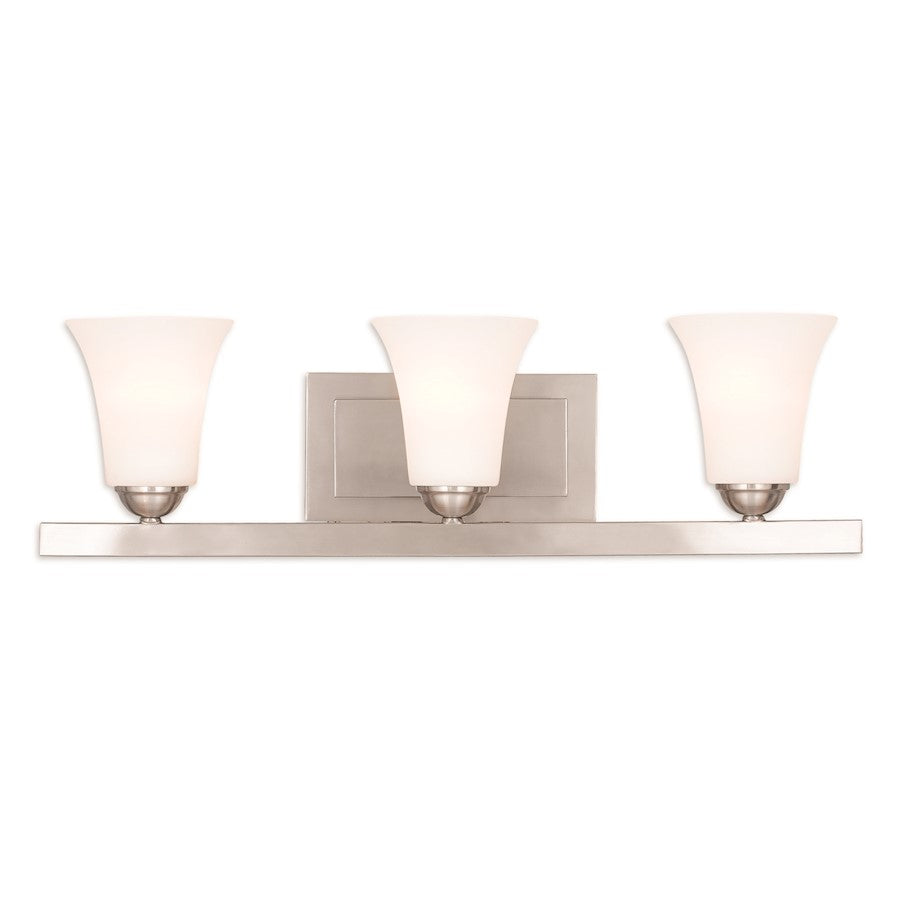 Livex Ridgedale 3 Light Bath Vanity, Nickel/Satin Opal White Glass