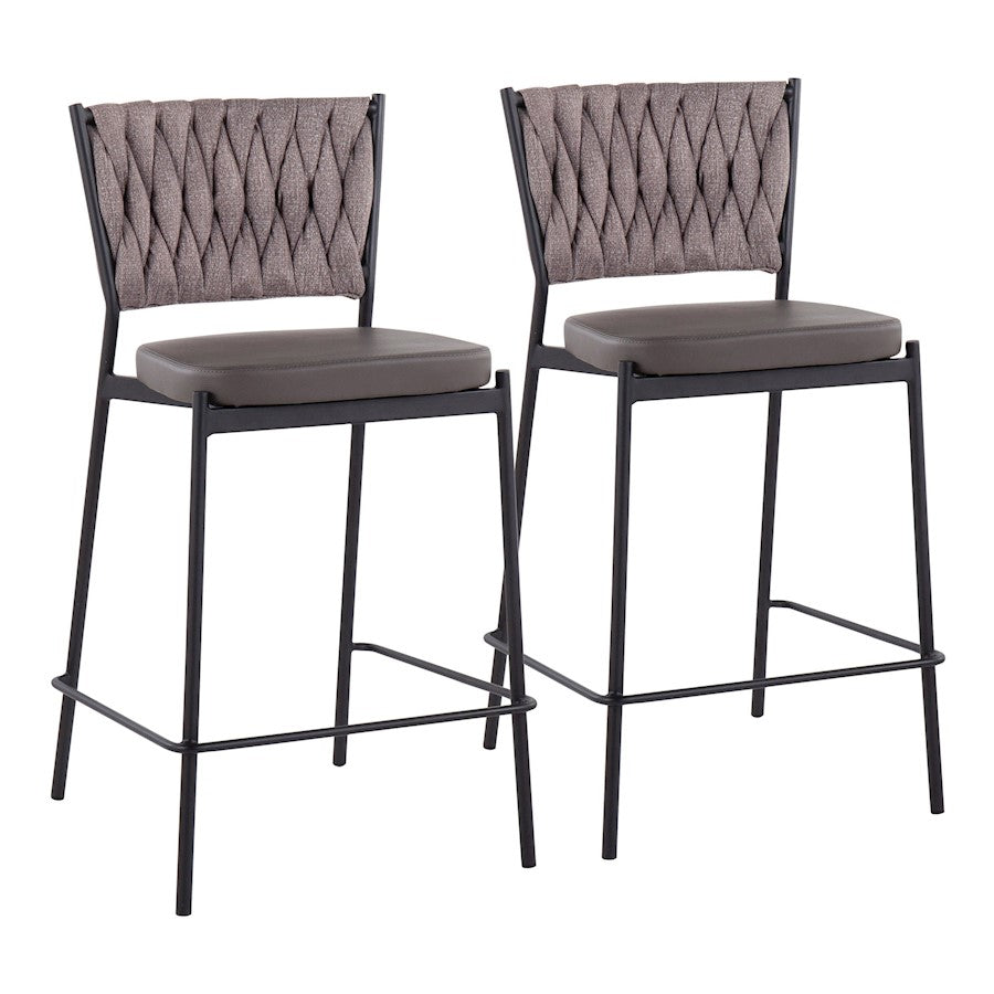 LumiSource Braided Tania Counter Stool Set of 2 | Black Metal, Grey PU & Light Brown Fabric | Kitchen Island | Model B24-BRAIDTANIABKGYLBN2