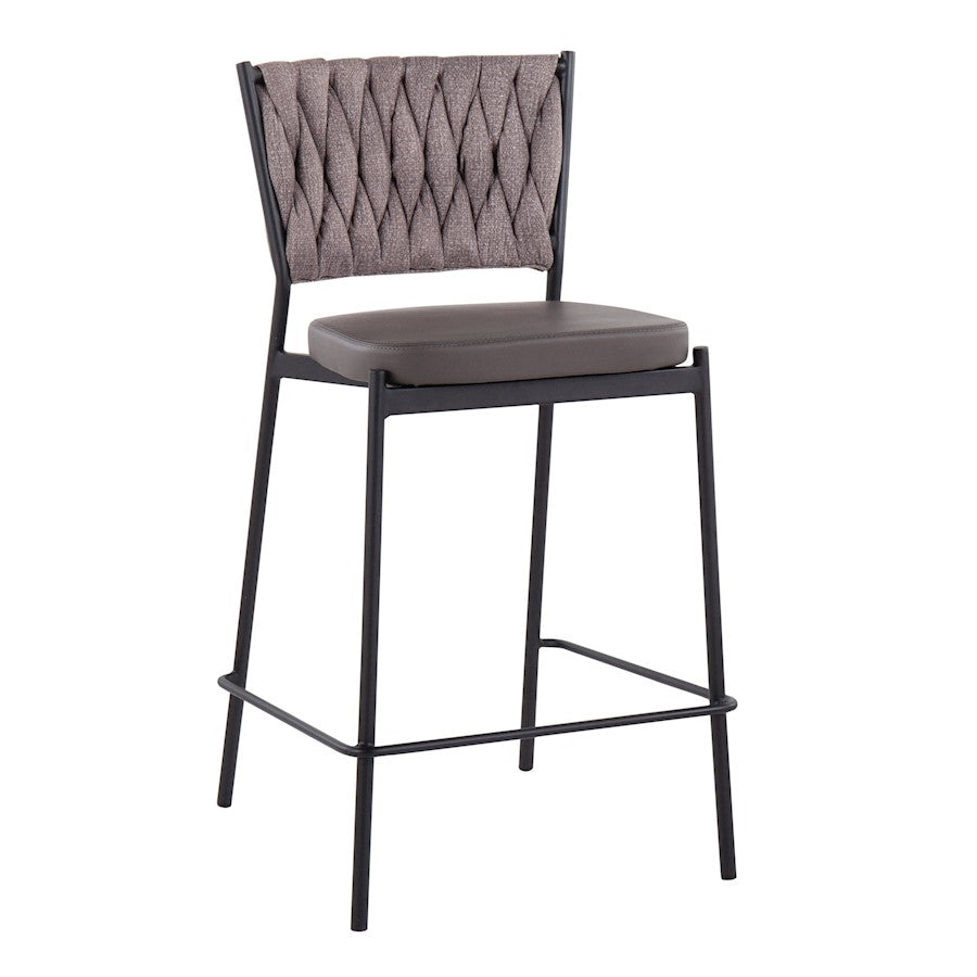 LumiSource Braided Tania Counter Stool Set of 2 | Black Metal, Grey PU & Light Brown Fabric | Kitchen Island | Model B24-BRAIDTANIABKGYLBN2