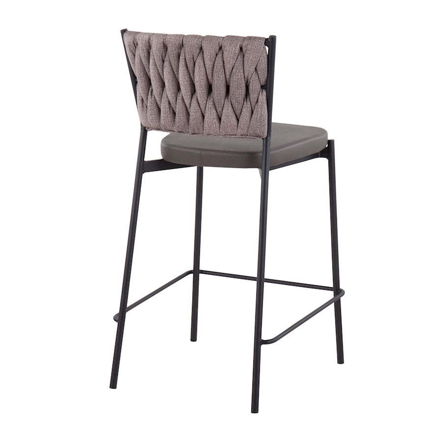 LumiSource Braided Tania Counter Stool Set of 2 | Black Metal, Grey PU & Light Brown Fabric | Kitchen Island | Model B24-BRAIDTANIABKGYLBN2