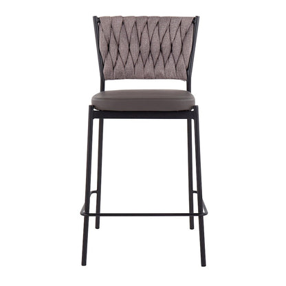 LumiSource Braided Tania Counter Stool Set of 2 | Black Metal, Grey PU & Light Brown Fabric | Kitchen Island | Model B24-BRAIDTANIABKGYLBN2