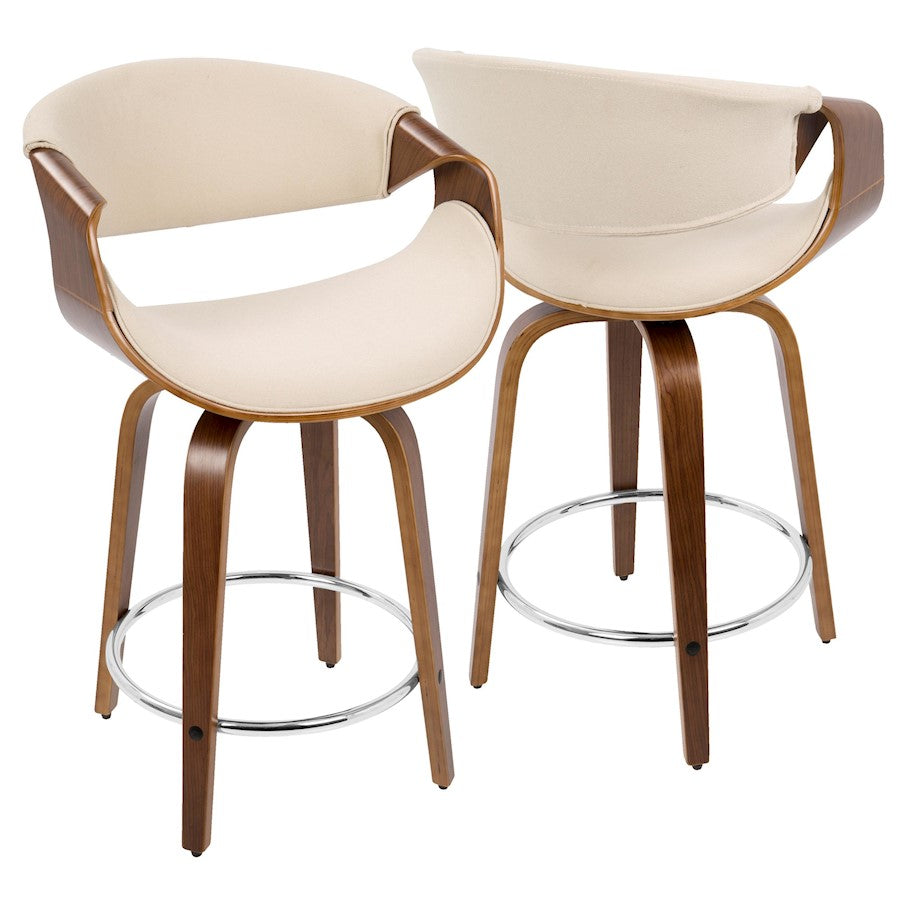 LumiSource Curvini Counter Stool Set of 2 | Walnut Wood, Cream Fabric & Chrome | Mid-Century Modern Kitchen Island | Model B24-CRVNIRWLCR2
