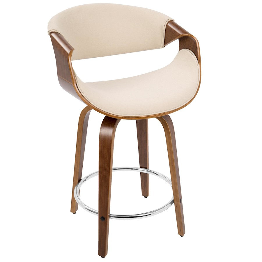 LumiSource Curvini Counter Stool Set of 2 | Walnut Wood, Cream Fabric & Chrome | Mid-Century Modern Kitchen Island | Model B24-CRVNIRWLCR2