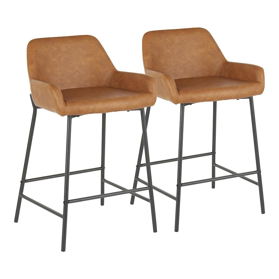 LumiSource Daniella 24.5in Counter Stool Set of 2 | Industrial Black Metal and Camel PU | Kitchen Island & Breakfast Bar | Model B24-DNLABKCAM2