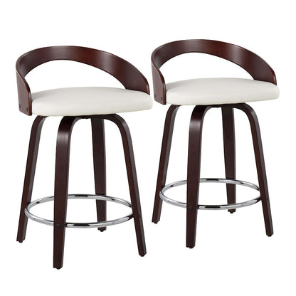 LumiSource Grotto Counter Stool Set of 2 | Mid-Century Cherry Wood and White Faux Leather with Chrome | Kitchen Island | Model B24-GROTTO2-SWVRCHW2