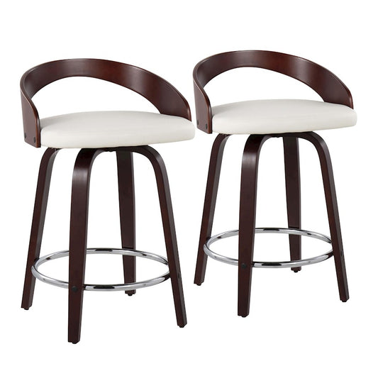 LumiSource Grotto Counter Stool Set of 2 | Mid-Century Cherry Wood and White Faux Leather with Chrome | Kitchen Island | Model B24-GROTTO2-SWVRCHW2