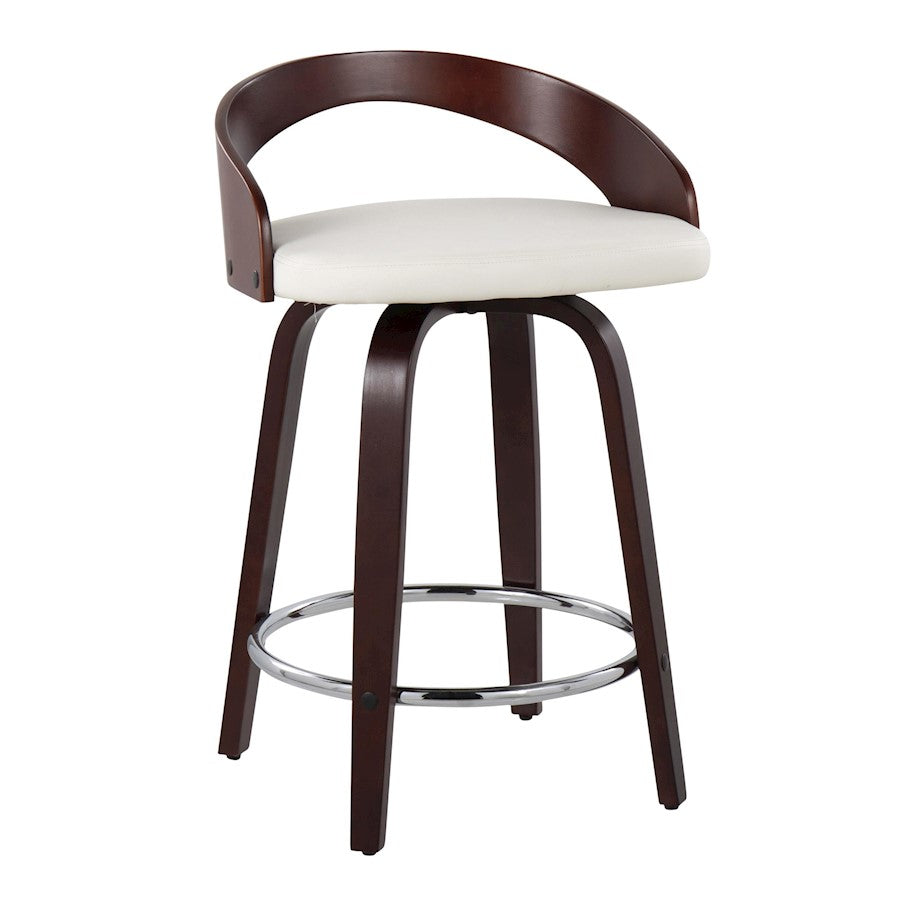 LumiSource Grotto Counter Stool Set of 2 | Mid-Century Cherry Wood and White Faux Leather with Chrome | Kitchen Island | Model B24-GROTTO2-SWVRCHW2