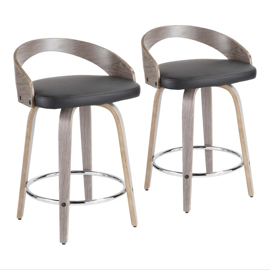 LumiSource Grotto Counter Stool Set of 2 | Mid-Century Light Grey Wood and Black Faux Leather with Chrome | Kitchen | Model B24-GROTTO2-SWVRLGYBK2
