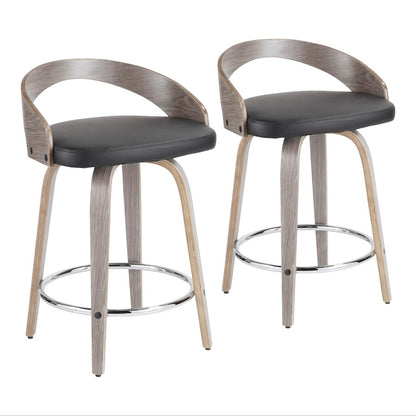 LumiSource Grotto Counter Stool Set of 2 | Mid-Century Light Grey Wood and Black Faux Leather with Chrome | Kitchen | Model B24-GROTTO2-SWVRLGYBK2
