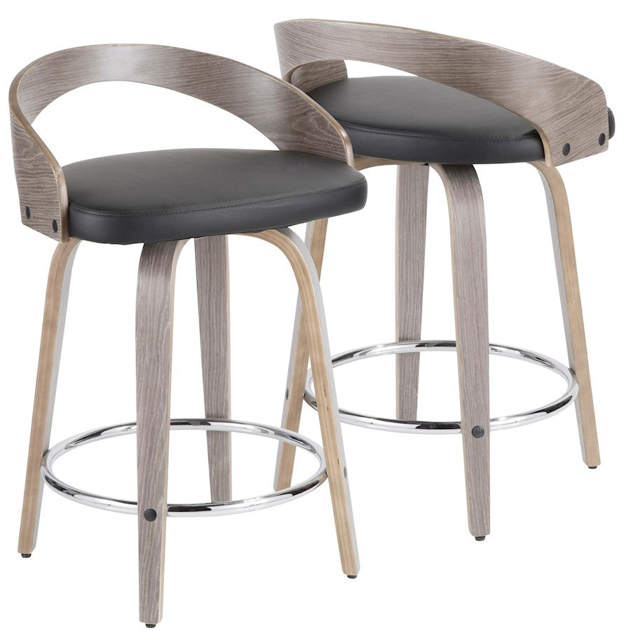 LumiSource Grotto Counter Stool Set of 2 | Mid-Century Light Grey Wood and Black Faux Leather with Chrome | Kitchen | Model B24-GROTTO2-SWVRLGYBK2