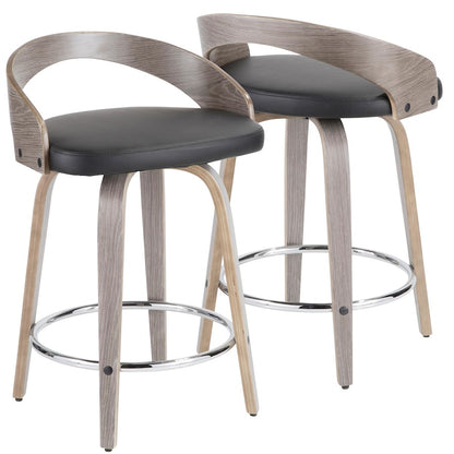 LumiSource Grotto Counter Stool Set of 2 | Mid-Century Light Grey Wood and Black Faux Leather with Chrome | Kitchen | Model B24-GROTTO2-SWVRLGYBK2