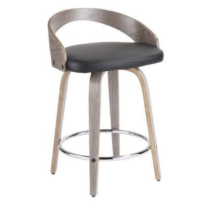 LumiSource Grotto Counter Stool Set of 2 | Mid-Century Light Grey Wood and Black Faux Leather with Chrome | Kitchen | Model B24-GROTTO2-SWVRLGYBK2