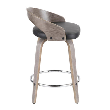 LumiSource Grotto Counter Stool Set of 2 | Mid-Century Light Grey Wood and Black Faux Leather with Chrome | Kitchen | Model B24-GROTTO2-SWVRLGYBK2