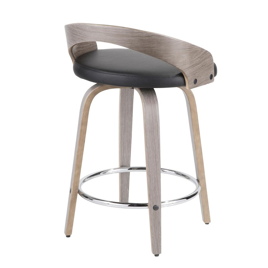 LumiSource Grotto Counter Stool Set of 2 | Mid-Century Light Grey Wood and Black Faux Leather with Chrome | Kitchen | Model B24-GROTTO2-SWVRLGYBK2