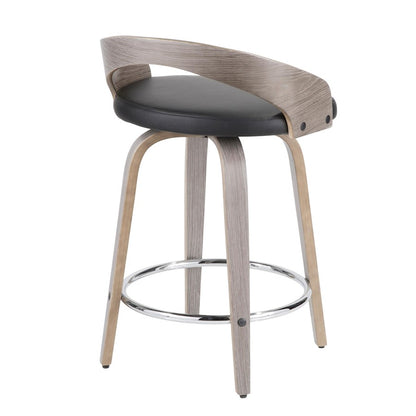 LumiSource Grotto Counter Stool Set of 2 | Mid-Century Light Grey Wood and Black Faux Leather with Chrome | Kitchen | Model B24-GROTTO2-SWVRLGYBK2