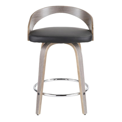 LumiSource Grotto Counter Stool Set of 2 | Mid-Century Light Grey Wood and Black Faux Leather with Chrome | Kitchen | Model B24-GROTTO2-SWVRLGYBK2