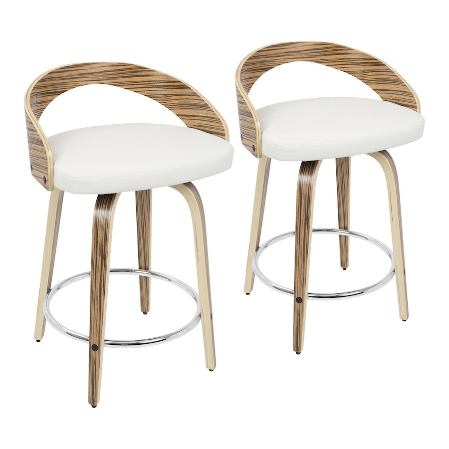 LumiSource Grotto Counter Stool Set of 2 | Mid-Century Zebra Wood and White Faux Leather with Chrome | Kitchen Island | Model B24-GROTTO2-SWVRZBW2