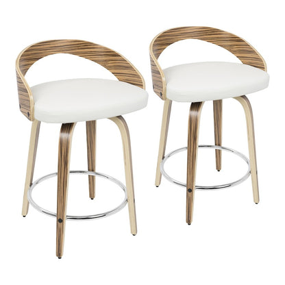 LumiSource Grotto Counter Stool Set of 2 | Mid-Century Zebra Wood and White Faux Leather with Chrome | Kitchen Island | Model B24-GROTTO2-SWVRZBW2