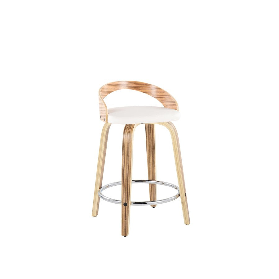 LumiSource Grotto Counter Stool Set of 2 | Mid-Century Zebra Wood and White Faux Leather with Chrome | Kitchen Island | Model B24-GROTTO2-SWVRZBW2