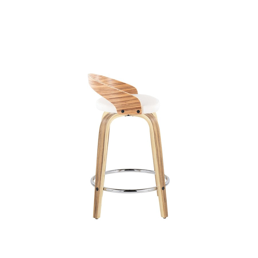 LumiSource Grotto Counter Stool Set of 2 | Mid-Century Zebra Wood and White Faux Leather with Chrome | Kitchen Island | Model B24-GROTTO2-SWVRZBW2