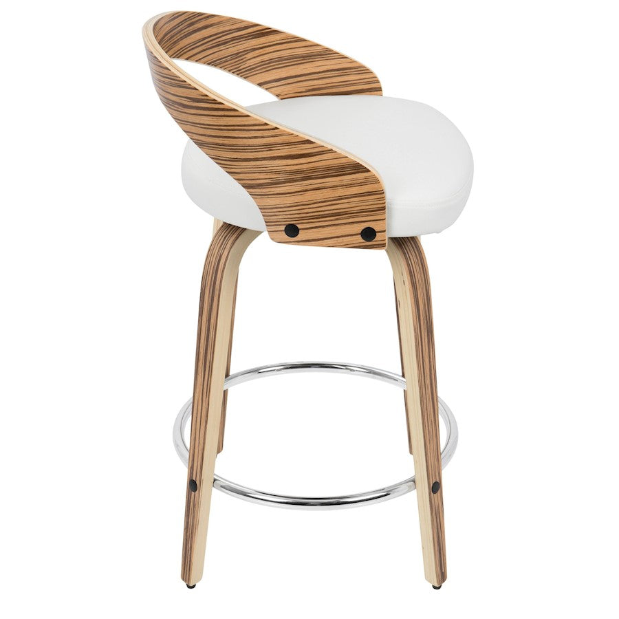 LumiSource Grotto Counter Stool Set of 2 | Mid-Century Zebra Wood and White Faux Leather with Chrome | Kitchen Island | Model B24-GROTTO2-SWVRZBW2