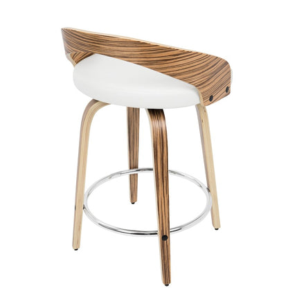 LumiSource Grotto Counter Stool Set of 2 | Mid-Century Zebra Wood and White Faux Leather with Chrome | Kitchen Island | Model B24-GROTTO2-SWVRZBW2